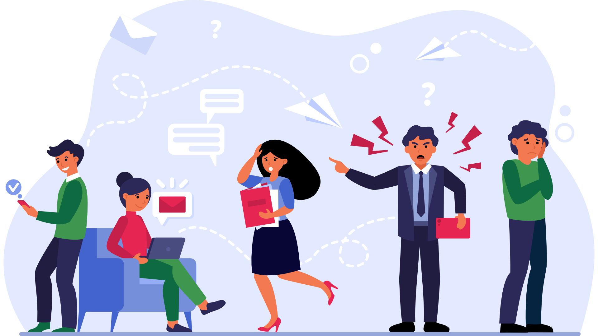 Angry, agressive leader shouting at scared employees.