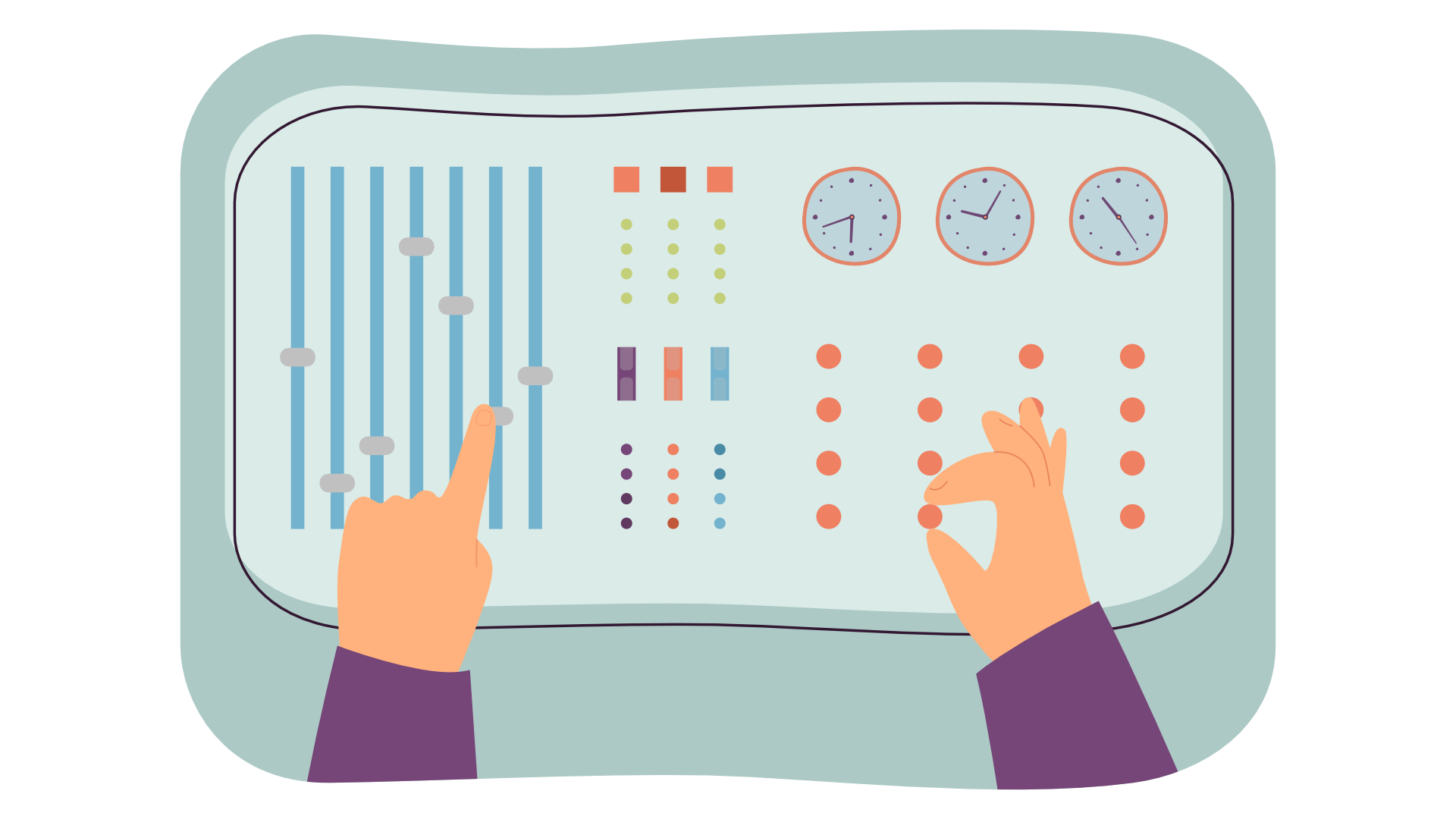 A pair of hands on a control dashboard. One hand is moving a slider and the other one is twisting a dial.