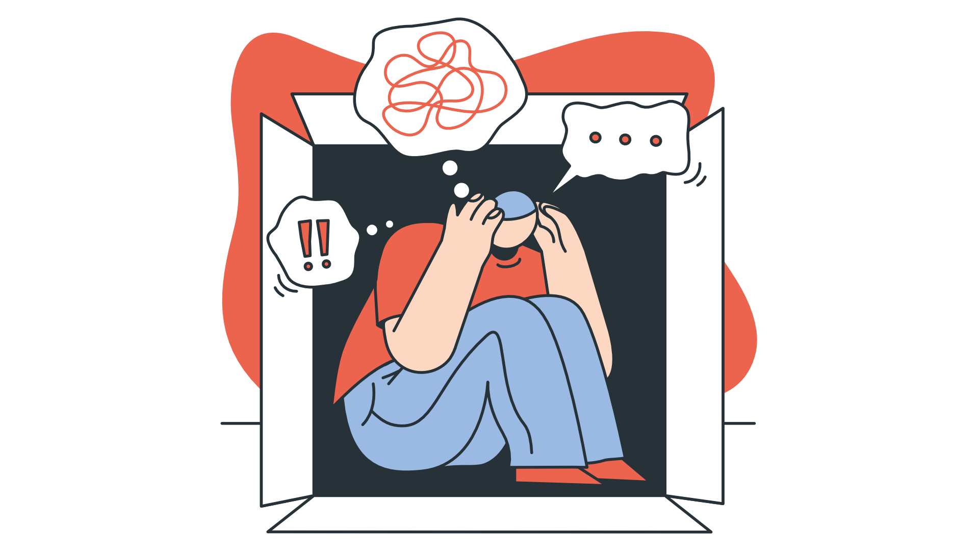 A distressed individual sitting curled up inside a box, hands covering their face, surrounded by thought bubbles representing confusion, anxiety, and stress.