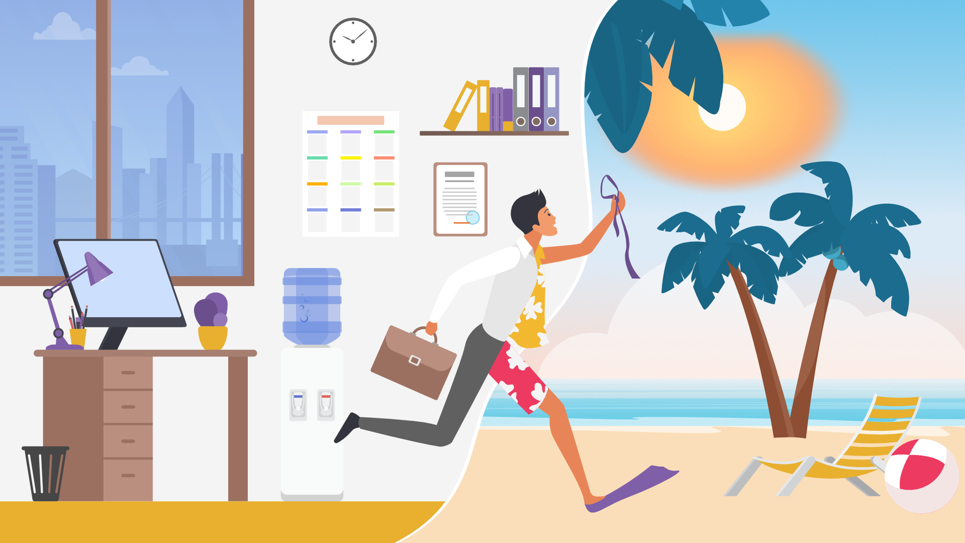 Man rushing out of the office and onto the beach. Half of him is in office attire and the other half is in beach attire.