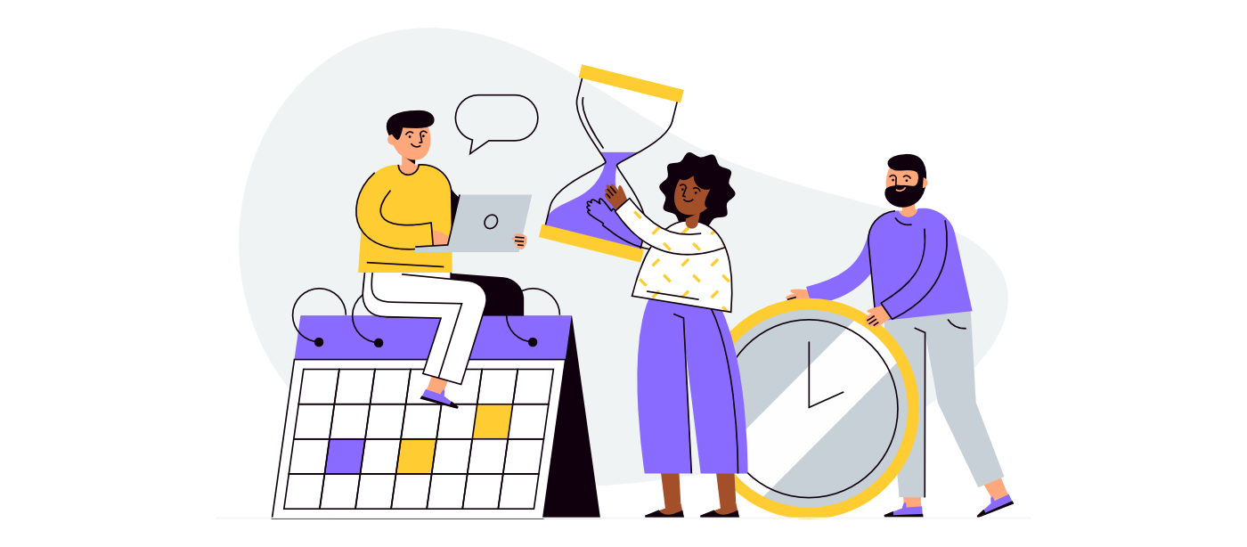 Illustration of three people with time-related imagery. One person is seated on a large calendar, another holds an hourglass, and the third carries a large clock.